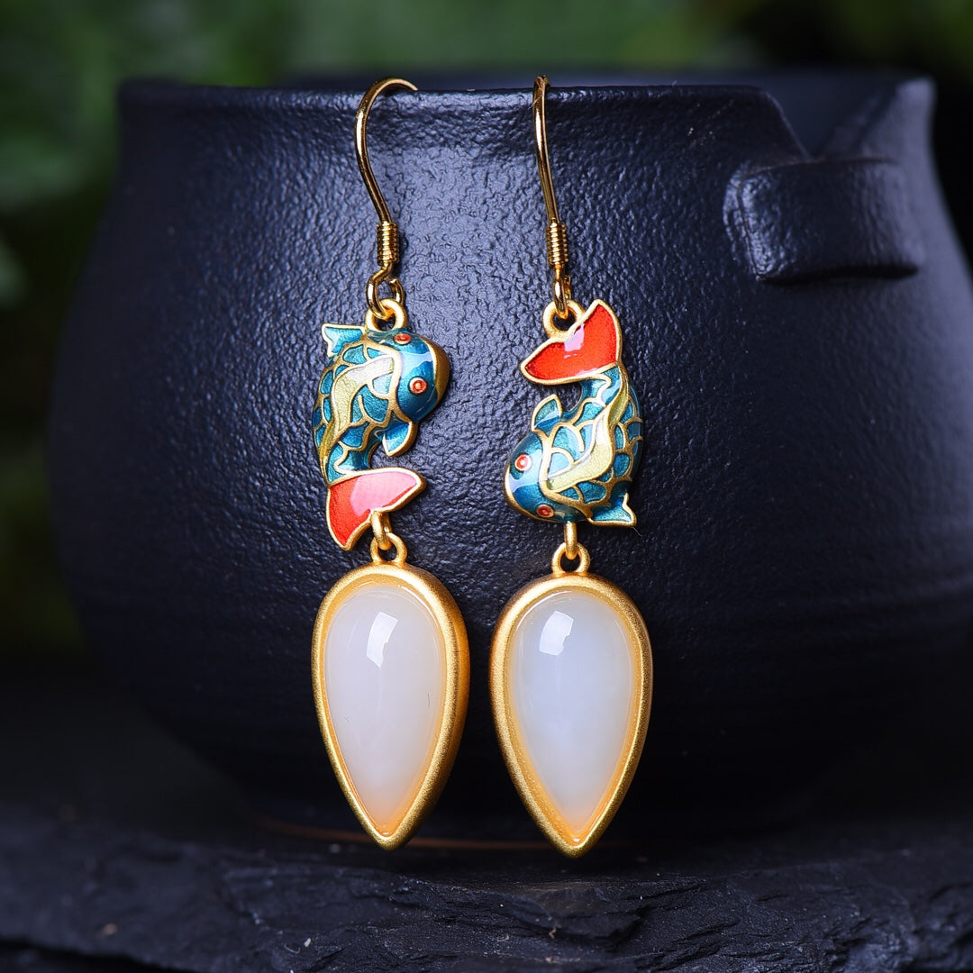 Silver gold plated Hetian jade earrings