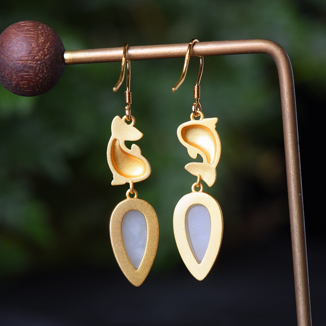 Silver gold plated Hetian jade earrings