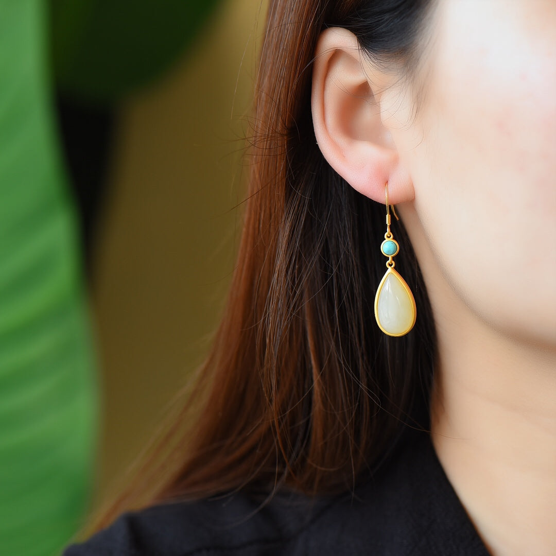 Silver gold plated Hetian jade earrings