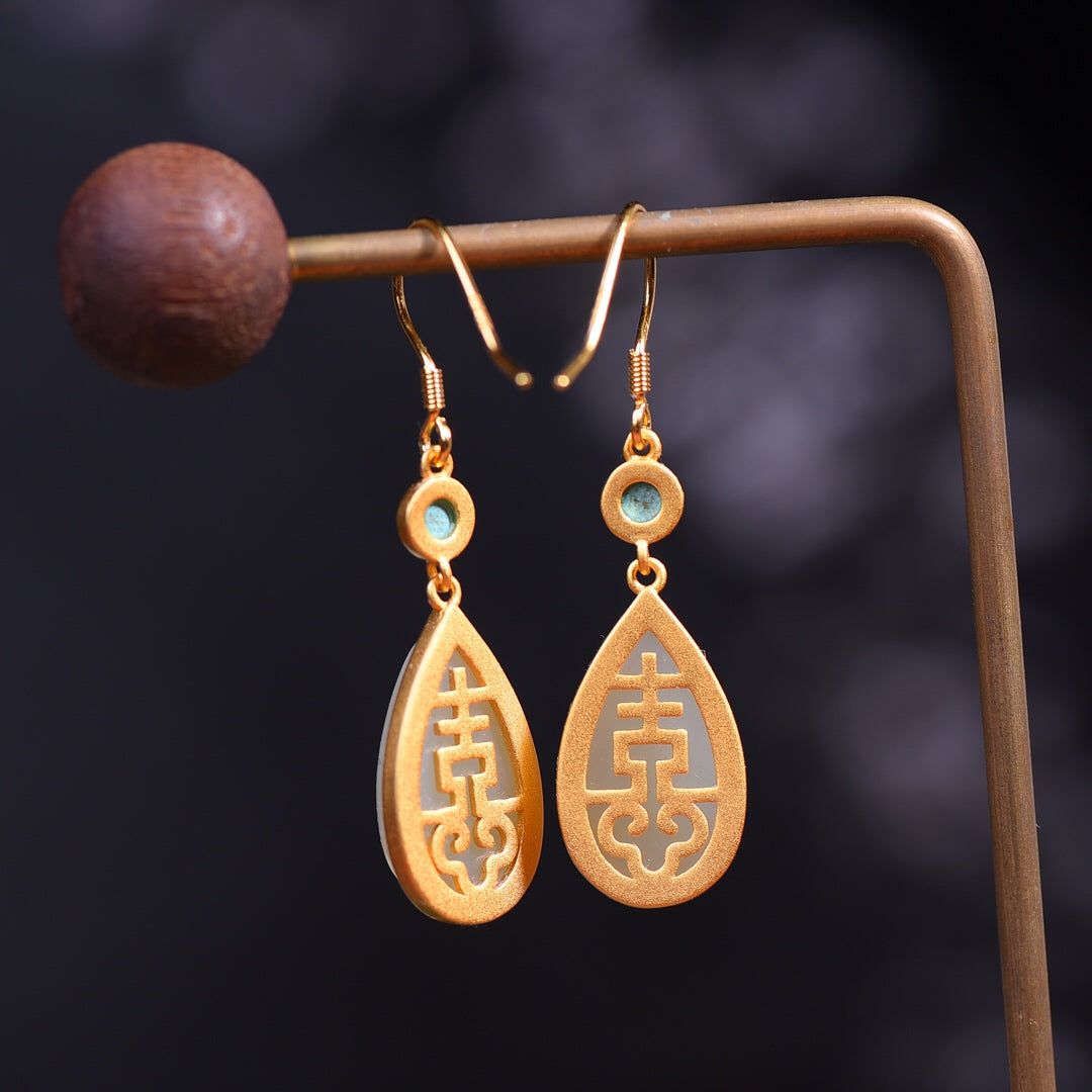 Silver gold plated Hetian jade earrings