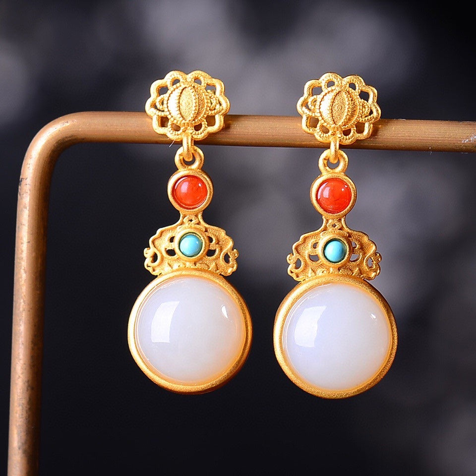 Silver gold plated Hetian jade earrings