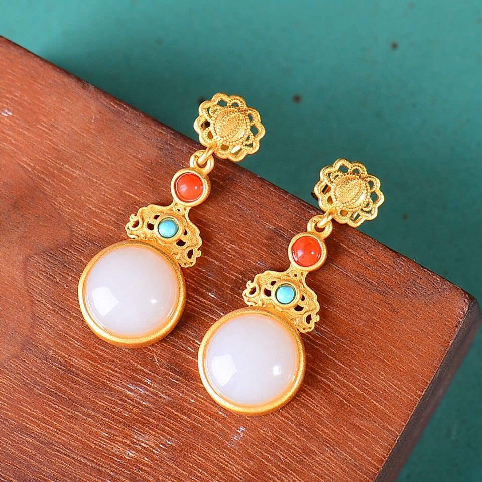 Silver gold plated Hetian jade earrings