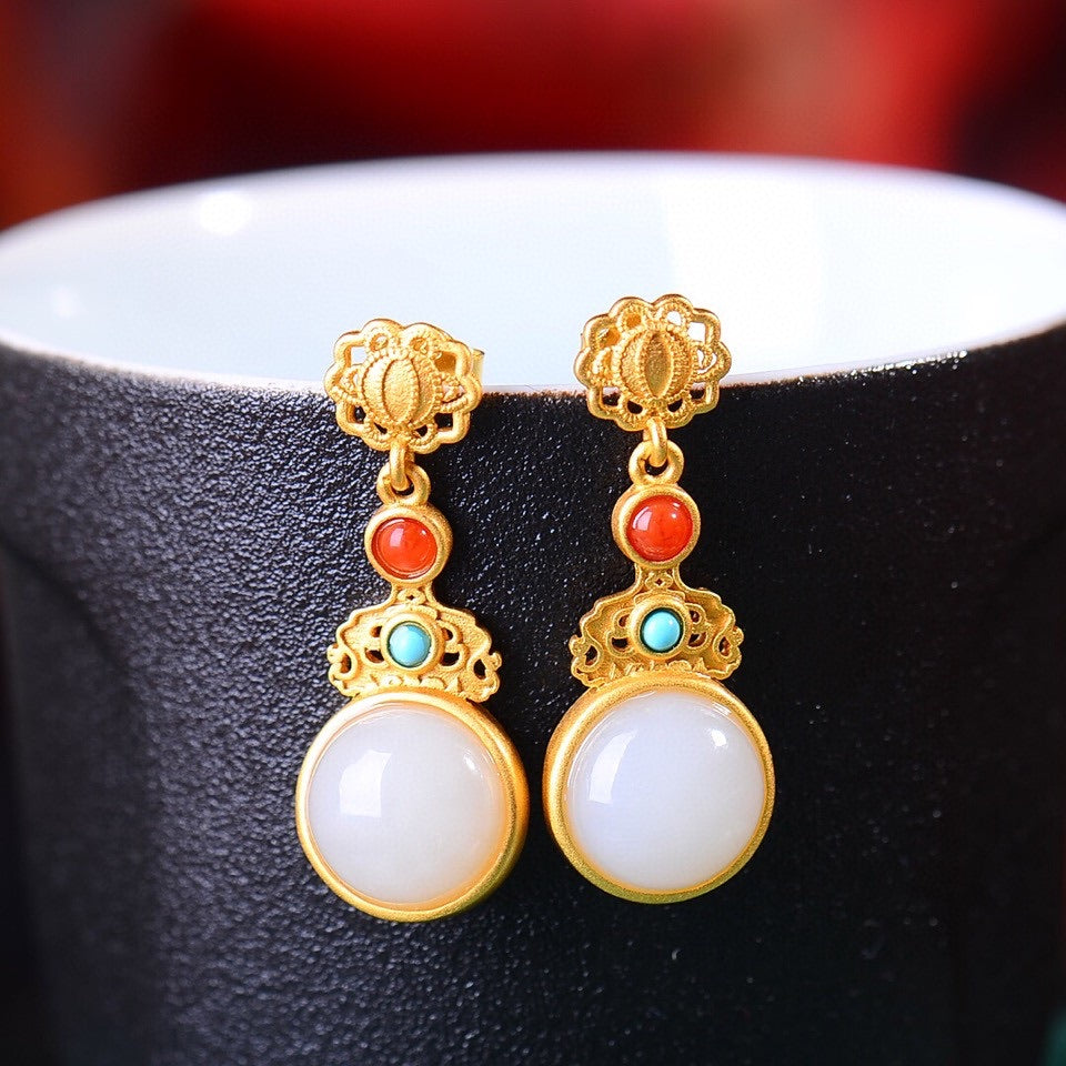 Silver gold plated Hetian jade earrings