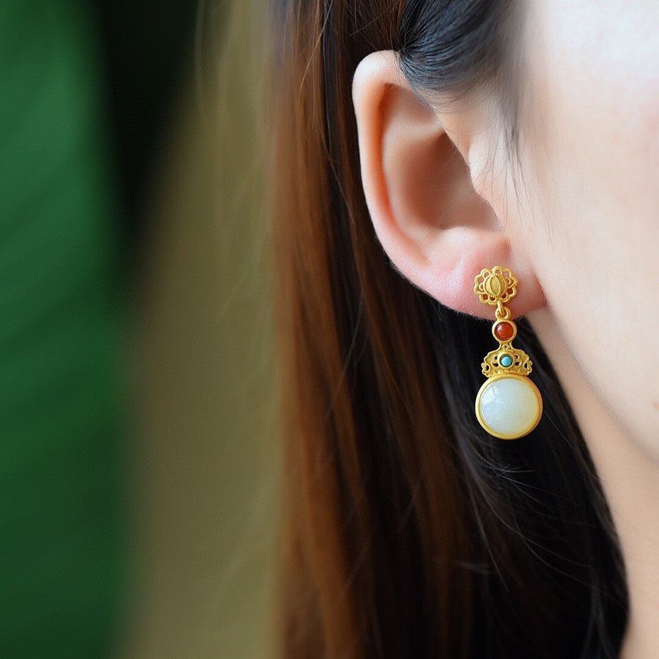 Silver gold plated Hetian jade earrings