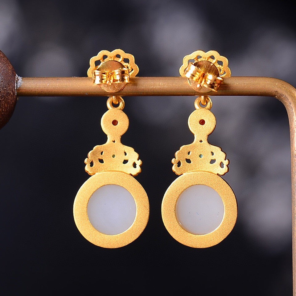 Silver gold plated Hetian jade earrings