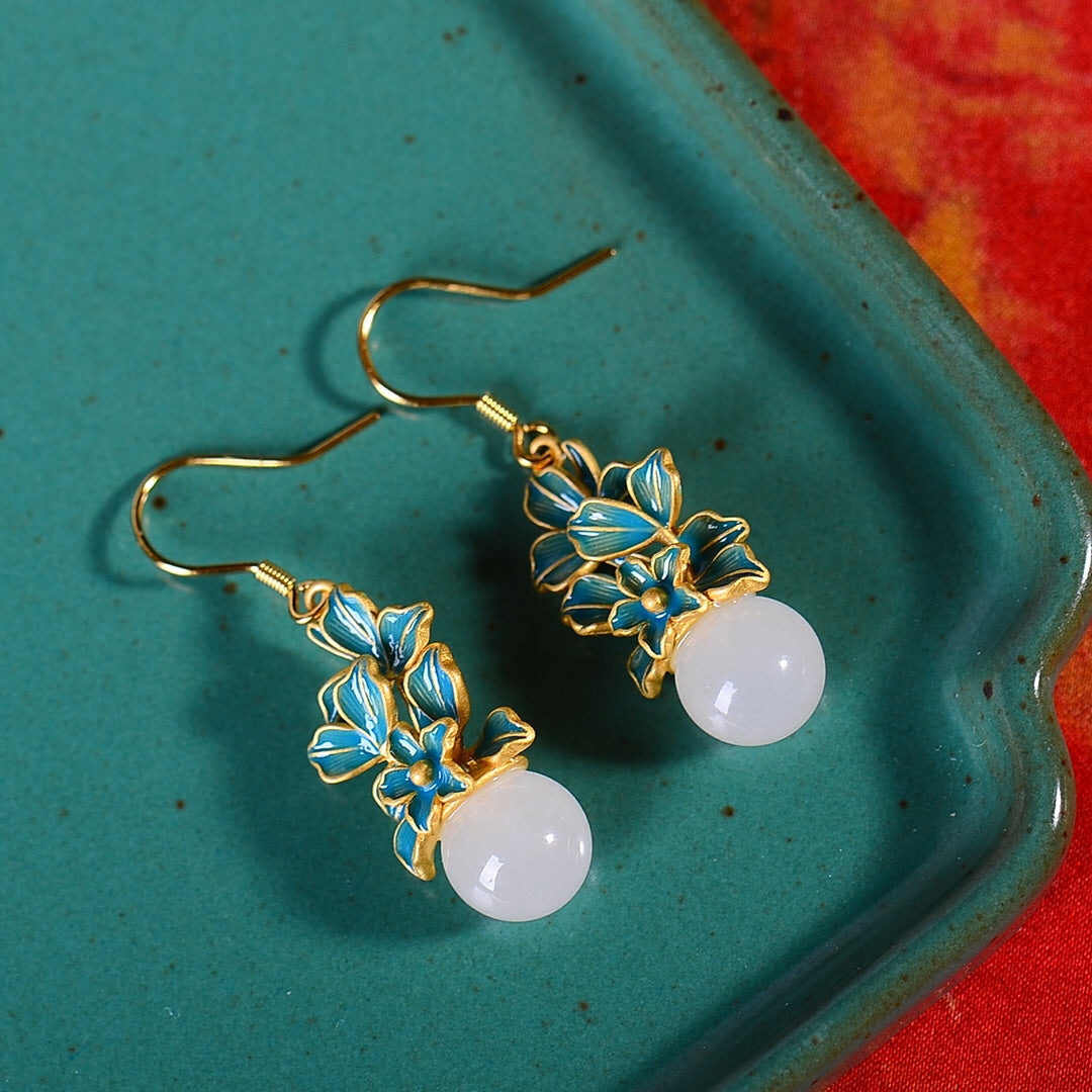 Silver gold plated Hetian jade earrings