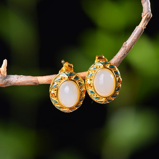 Silver gold plated Hetian jade earrings