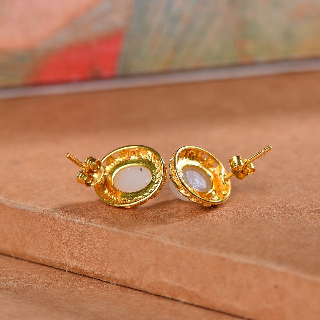 Silver gold plated Hetian jade earrings