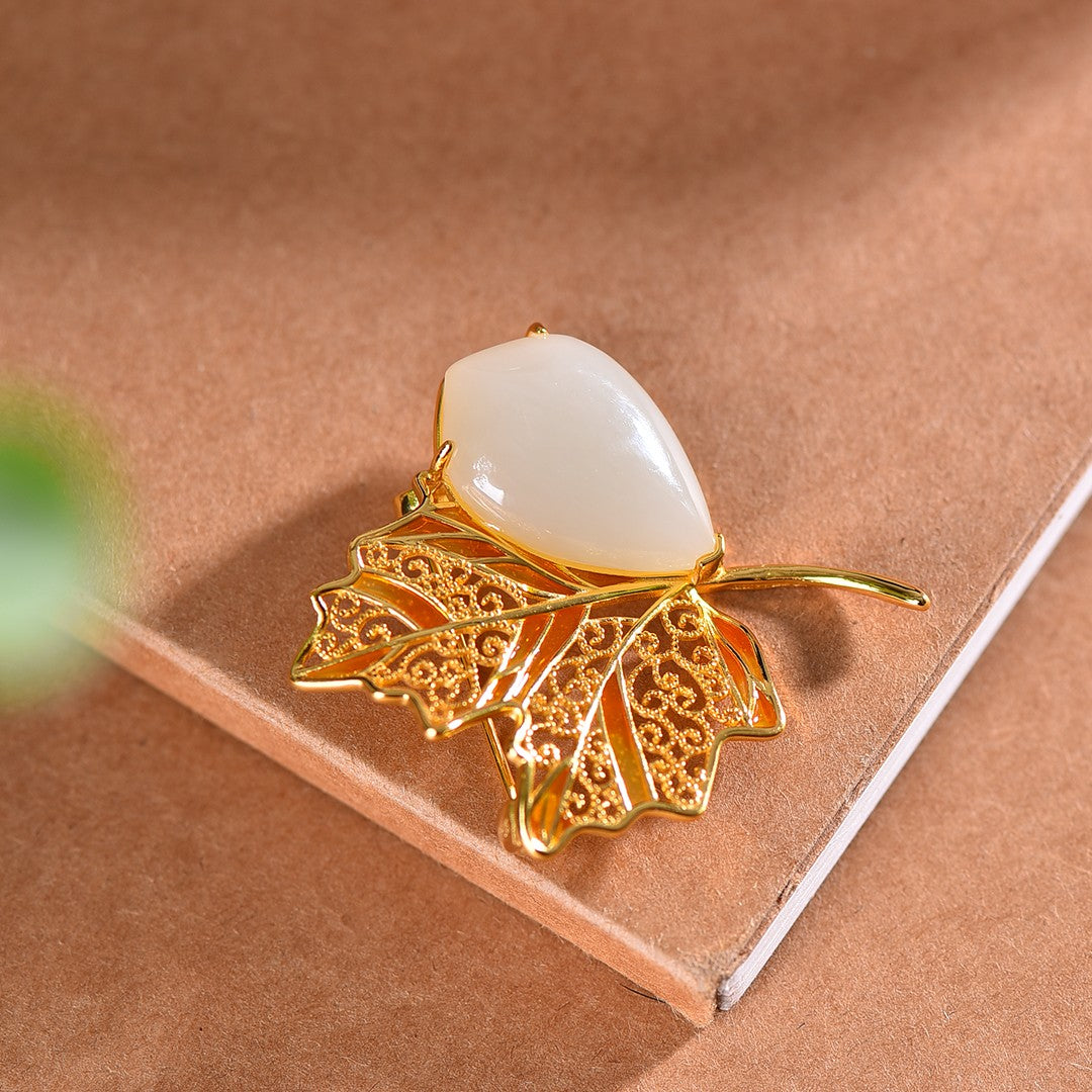 Silver-plated gold-plated Hetian jade drop brooch