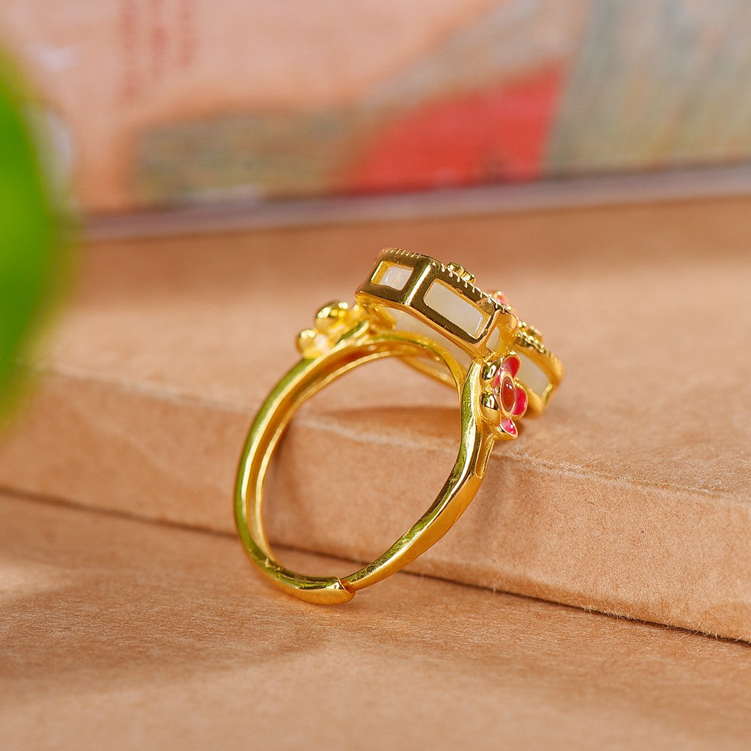 Silver gold plated Hetian jade ring