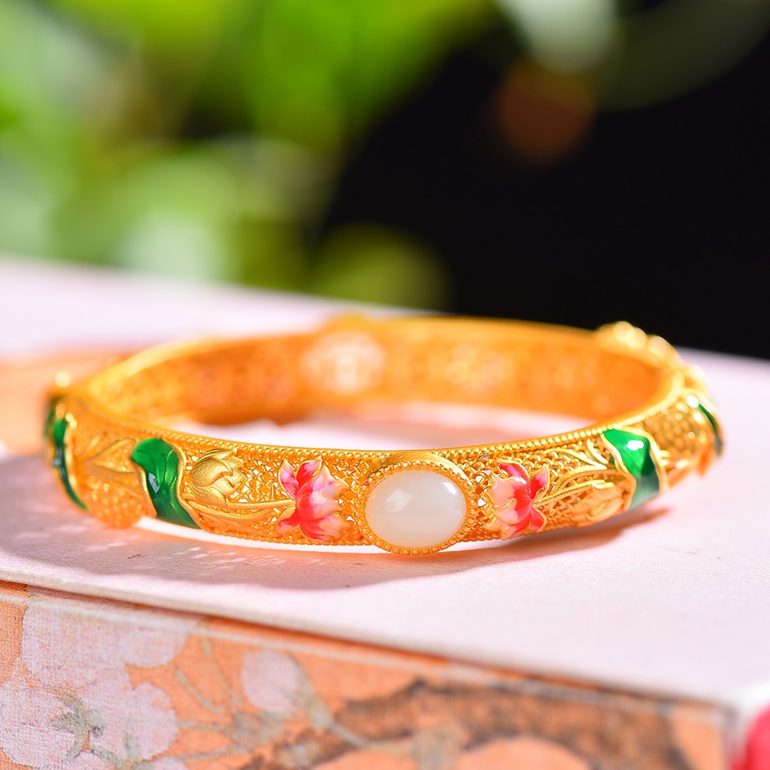 Silver gold plated Hetian jade bracelet