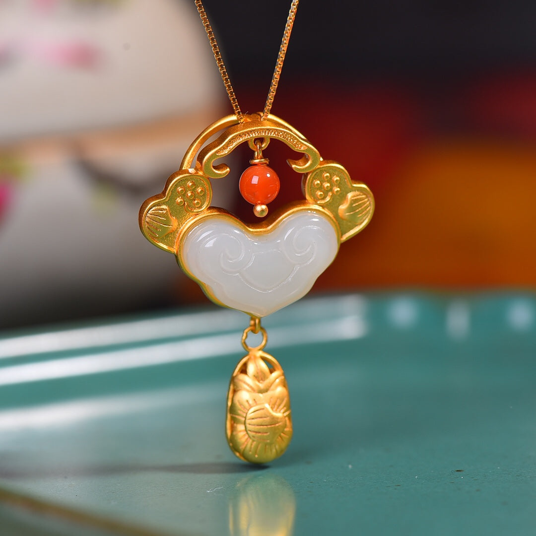 Silver gold plated Hetian jade pendant