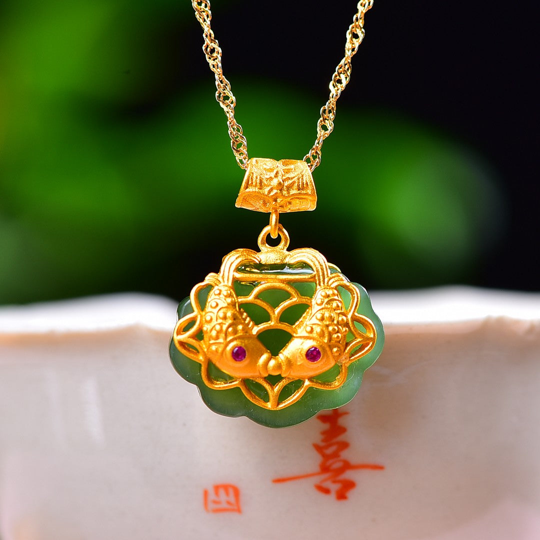 Silver gold plated Hetian jade pendant