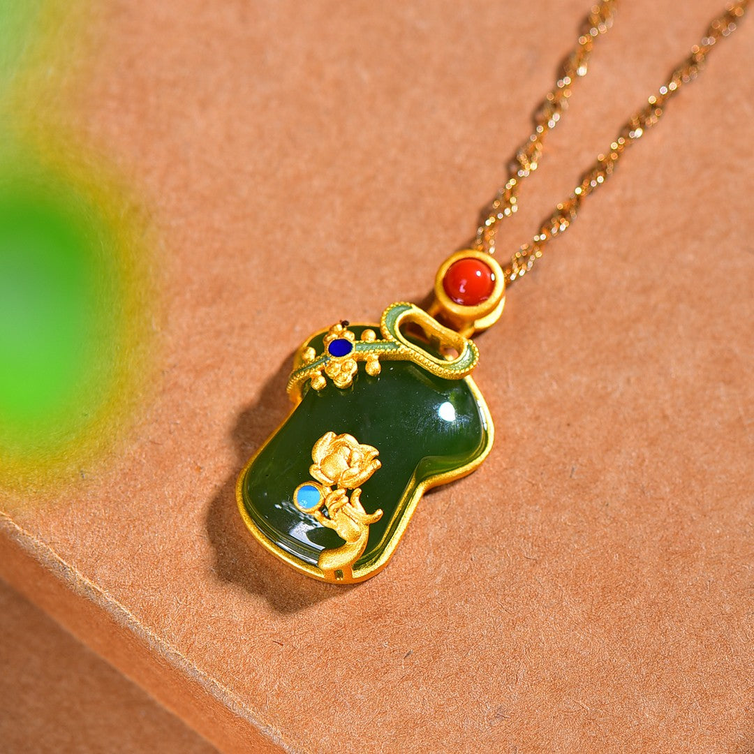 Silver gold plated Hetian jade pendant