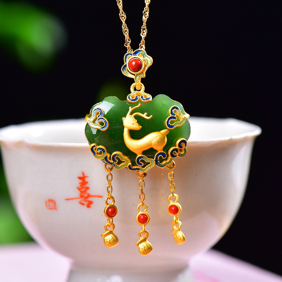 Silver gold plated Hetian jade pendant