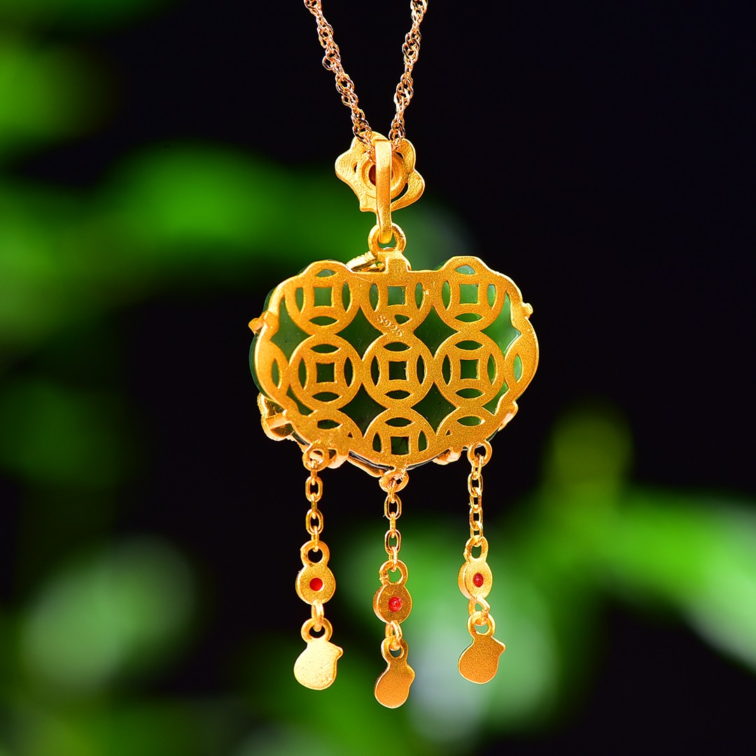 Silver gold plated Hetian jade pendant