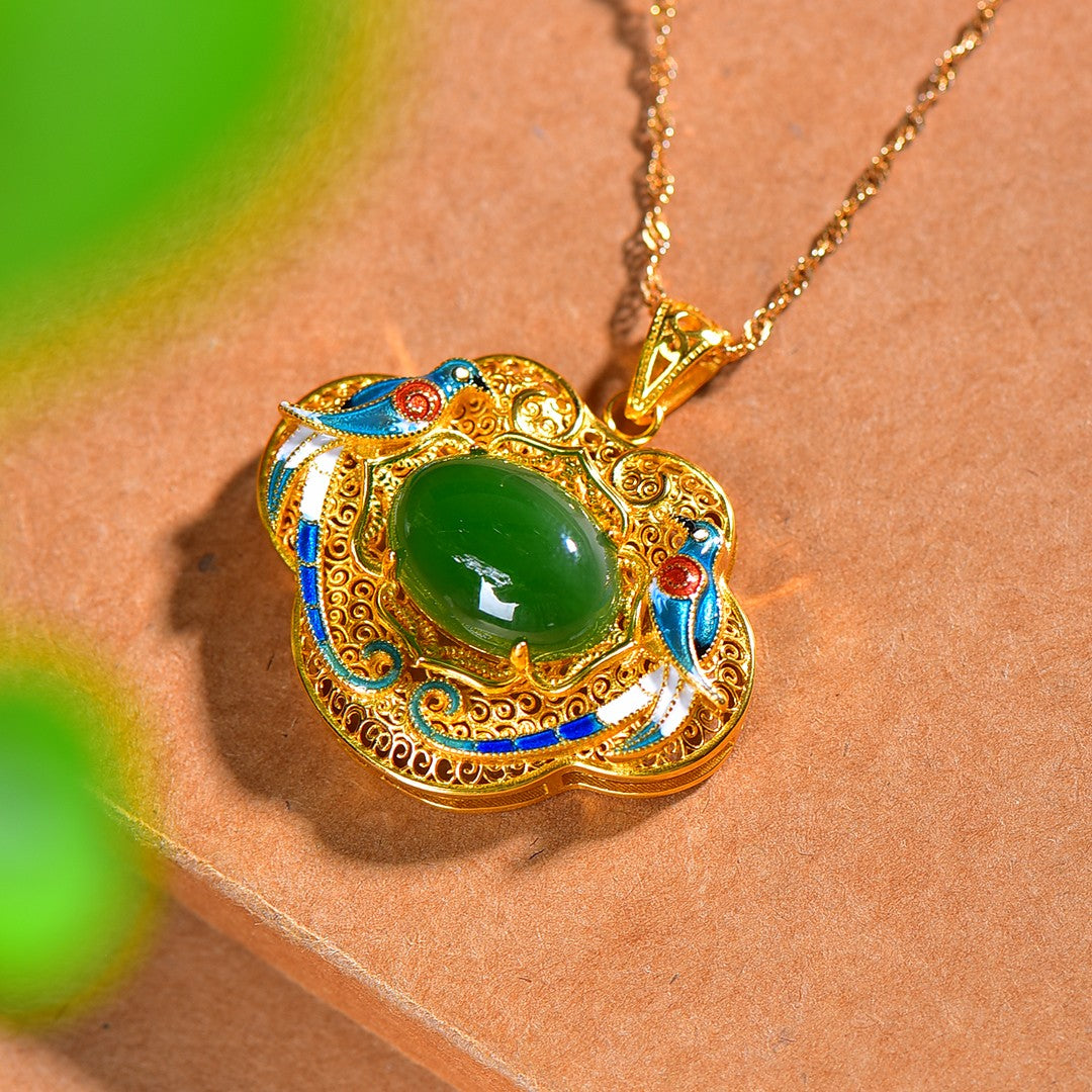 Silver gold plated Hetian jade pendant