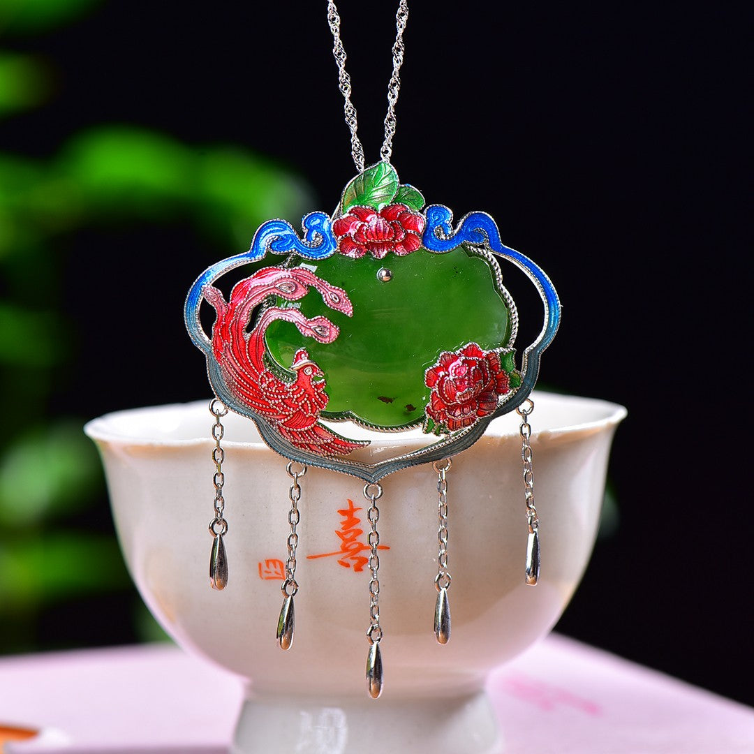 Silver inlaid Hetian jade pendant