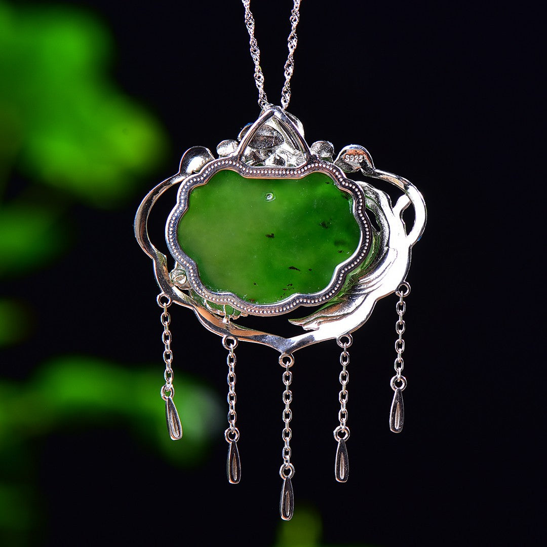 Silver inlaid Hetian jade pendant