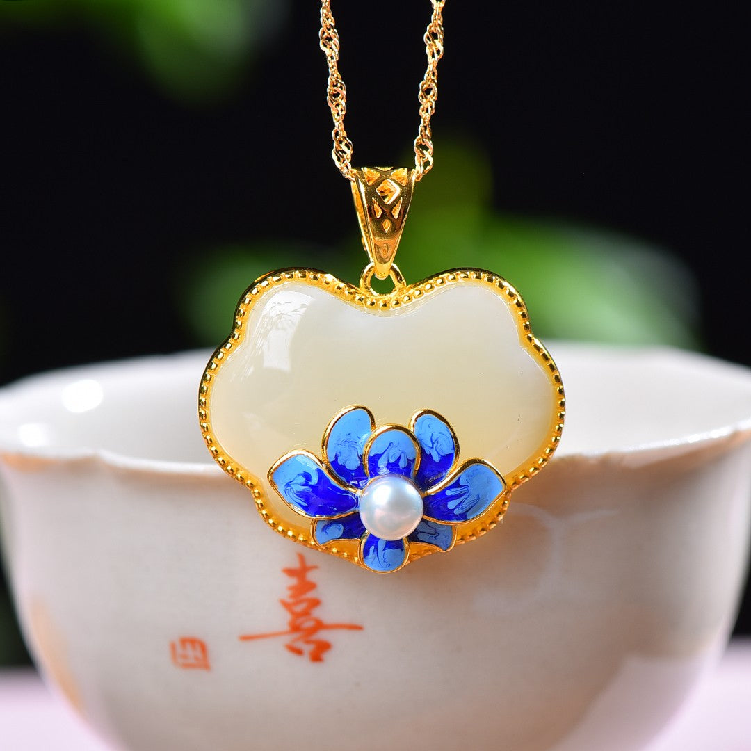 Silver gold plated Hetian jade pendant