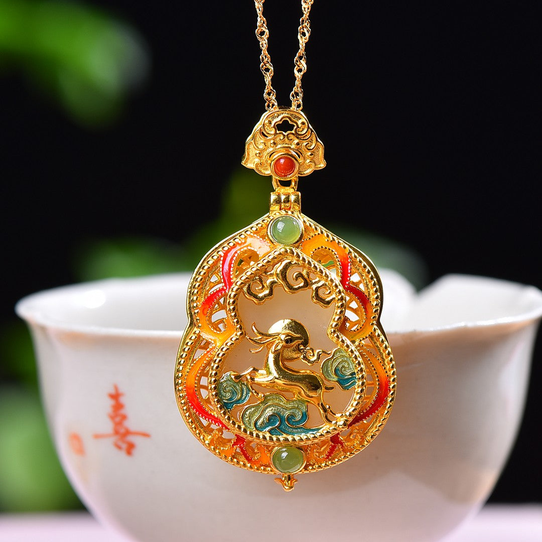 Silver gold plated Hetian jade pendant